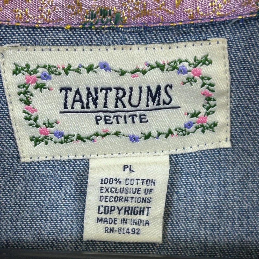 Vintage 90s Tantrums Petite Denim Jacket Women PL Embroidered Cat Art Whimsical